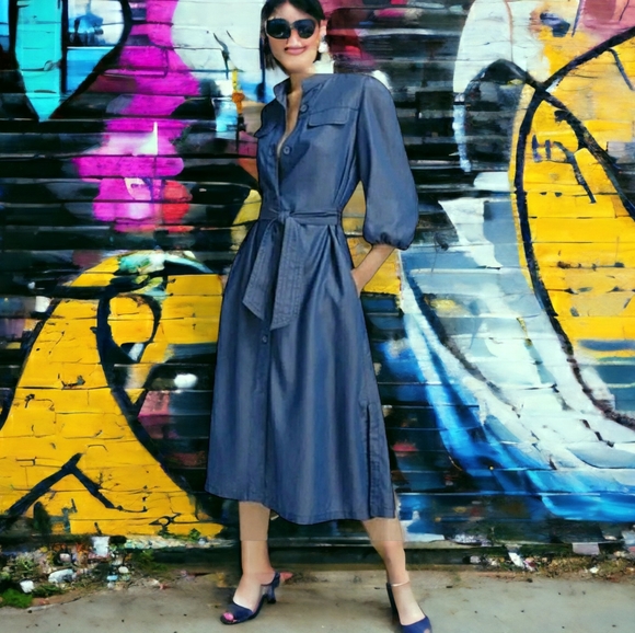 Massimo Dutti Shirt Dress 3/4 Sleeves Mockneck Minimalist Lyocell Chambray Midi - Picture 16 of 16